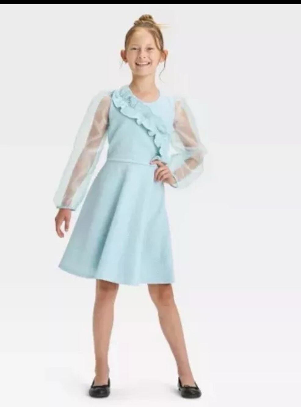 Girls Beetlejuice- Astrid: Long Sleeve Empire Waist Dress - Sky Blue S 6/7